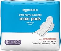 Amazon Basics Maxi Pads with Wings - Extra Heavy Overnight Absorbency, Unscented Size 5, 20ct Leak Protection