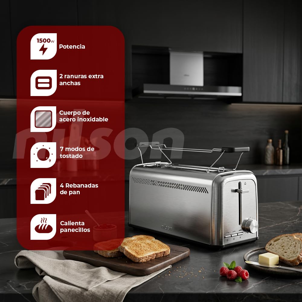 Toster do chleba z podwójnym gniazdem, 1500 W, 7 poziomów opiekania, sterowanie ręczne, timer, rozmrażanie, podgrzewanie i zamykanie, wyjmowana taca na okruchy, łatwe czyszczenie