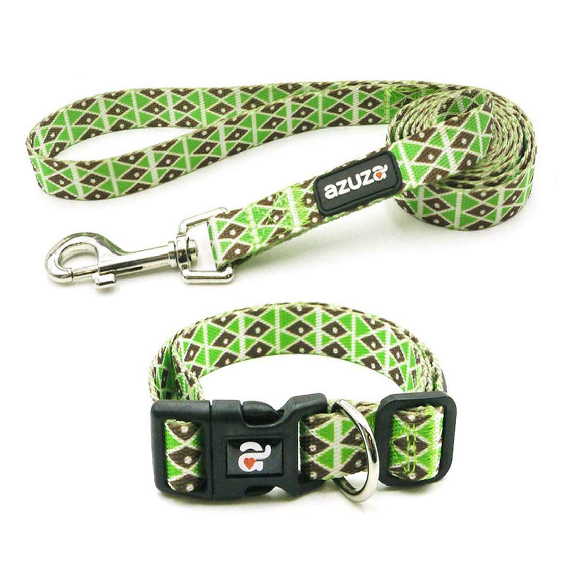 azuza Dog Collar and Leash Set, Adjustable Nylon Collar with Matching Leash, Green Diamond for Medium Dogs