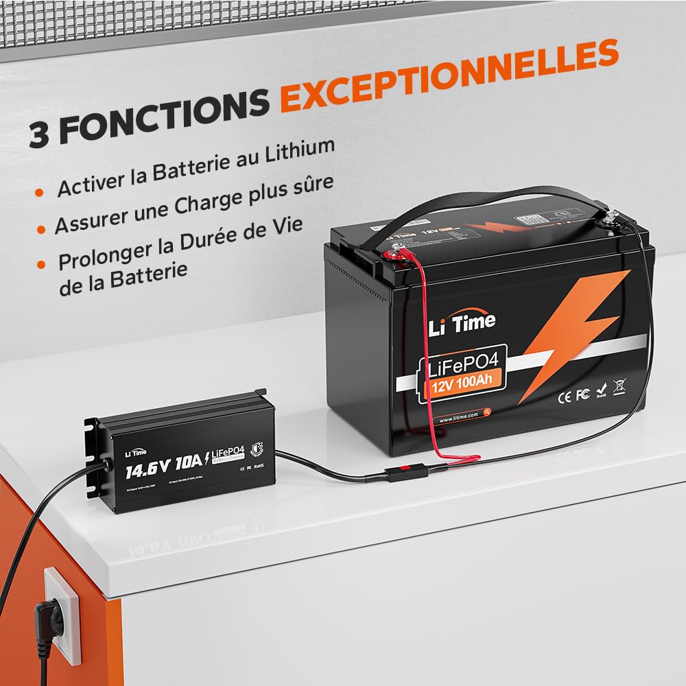 LiTime 14.6V 10A Chargeur LiFePO4 étanche IP67, Chargeur AC-DC au Lithium LiFePO4 avec Fonction de Charge Intelligente à 0V, indicateur LED