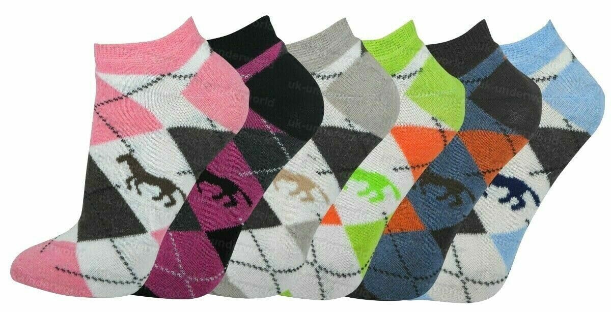 Vearz Women's Argyle Horse Trainer Vearz® Trainer Socks - Girls Horse Argyle Design Print Ankle Socks Cotton Rich Sportswear Shoe Liners Adults Size Uk 4-7 (Design 3)
