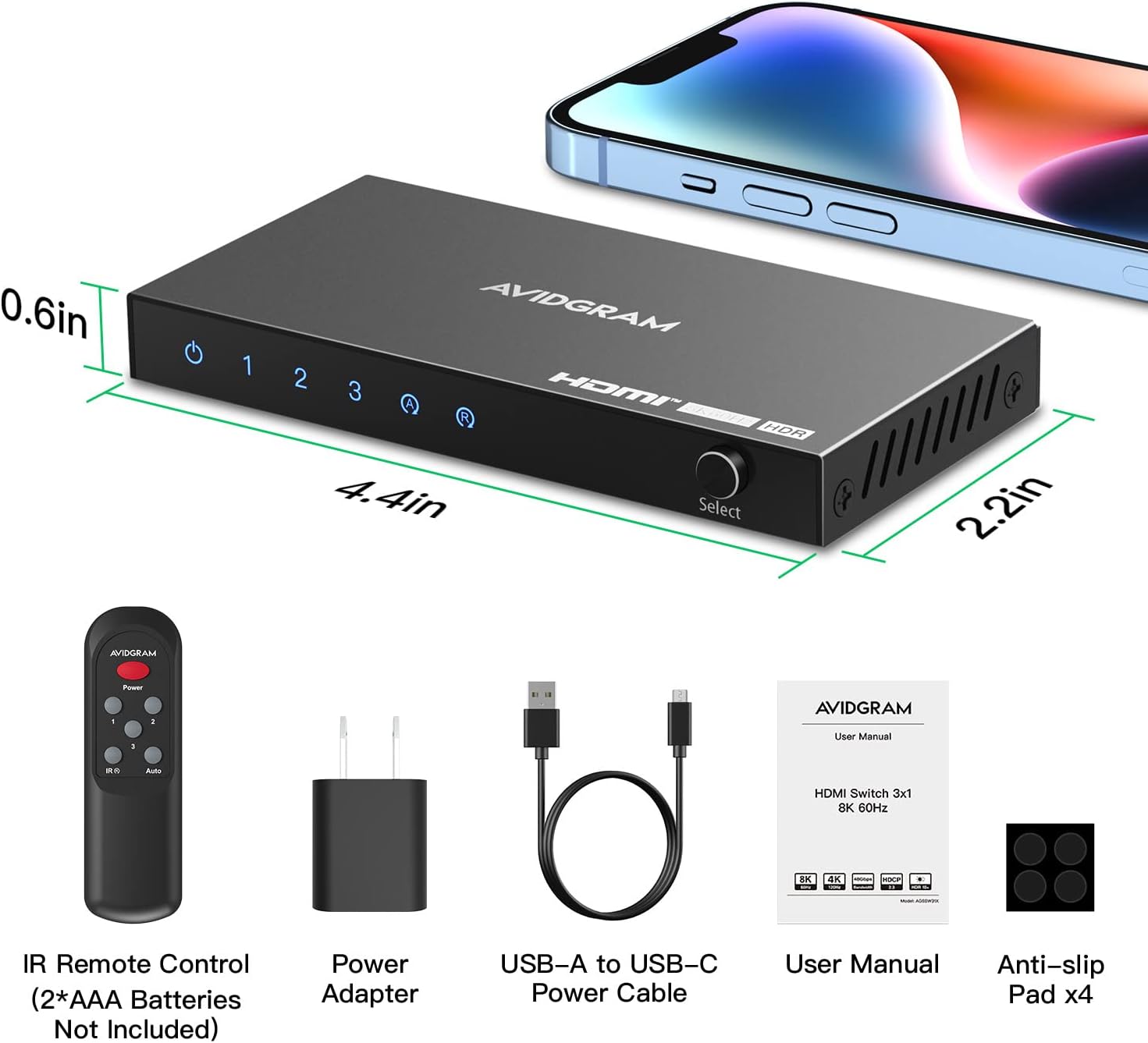 HDMI 2.1 Switch 8K 60Hz, AVIDGRAM HDMI Switcher 3 in 1 Out with IR Remote, 3 Port 4K 120Hz Auto HDMI Selector Hub Support 8K 48Gbps, Compatible with Xbox Series X, PS4 Pro, PS5, UHD TV, Monitor