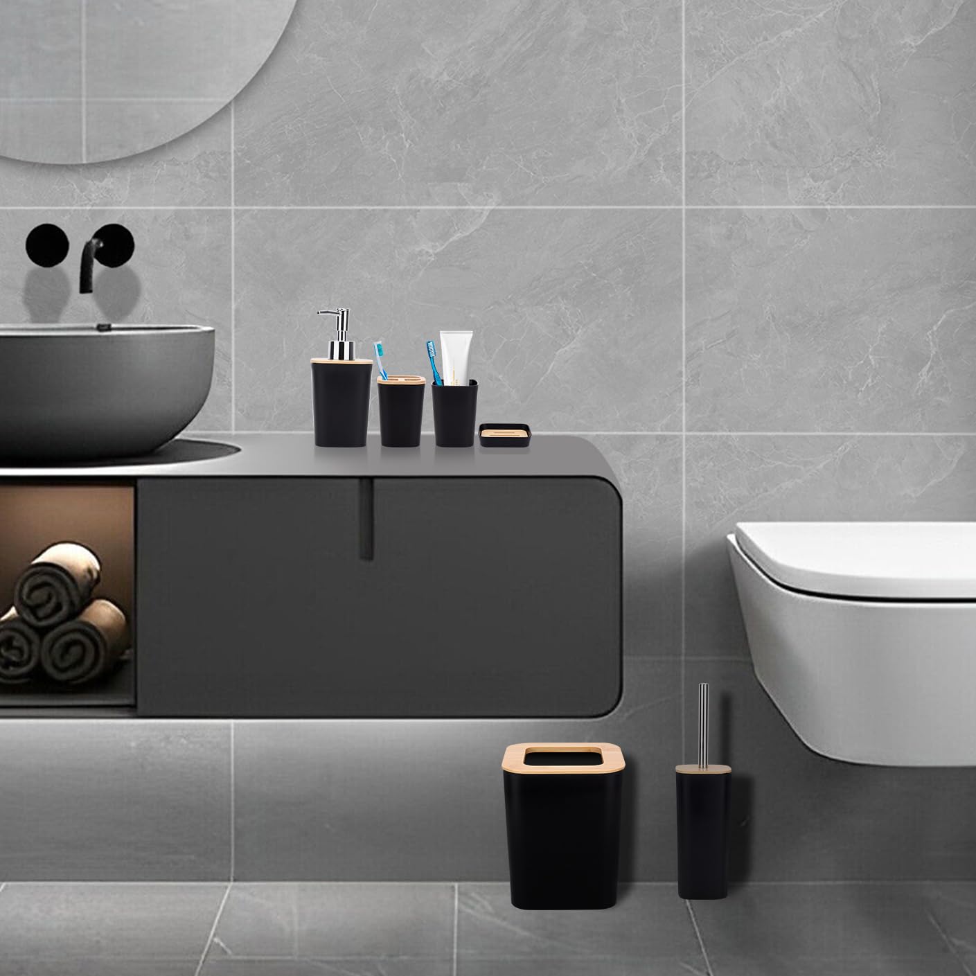 Set Bagno Accessori Completo - 6 Pezzi Set Accessori Bagno in bambù, set con bottiglie per lozione, portaspazzolino, tazza da denti, portasapone, spazzolino, cestino