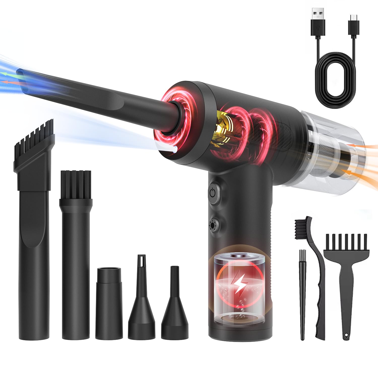 Cordless Handheld Car Vacuum Cleaner with Strong Suction & 3-IN-1 Functionality for Car, PC, and Keyboard Cleaning (Black)