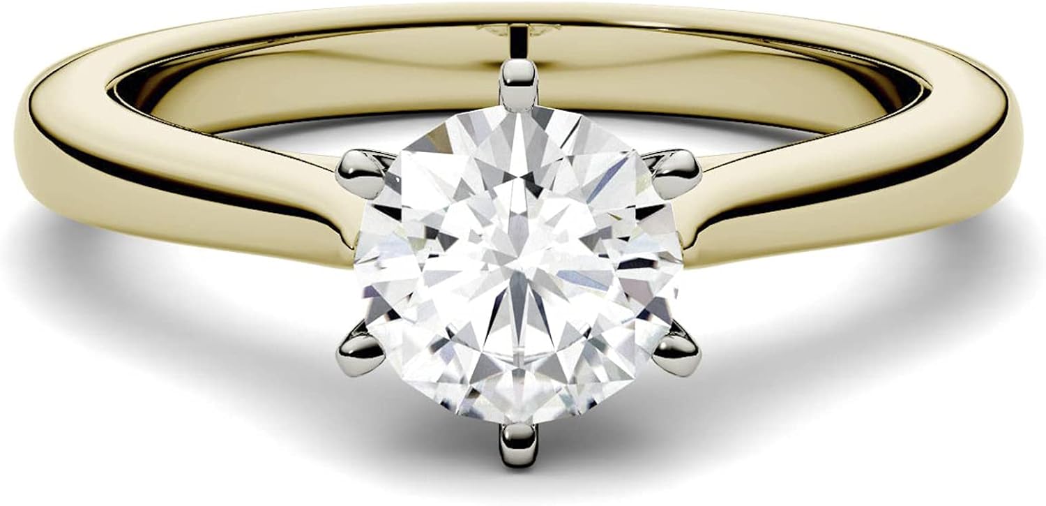 Charles & Colvard Created Moissanite 5mm Round Cut Engagement Ring for Women | 0.5 cttw DEW | Lab Grown | Solid 14K Yellow Gold