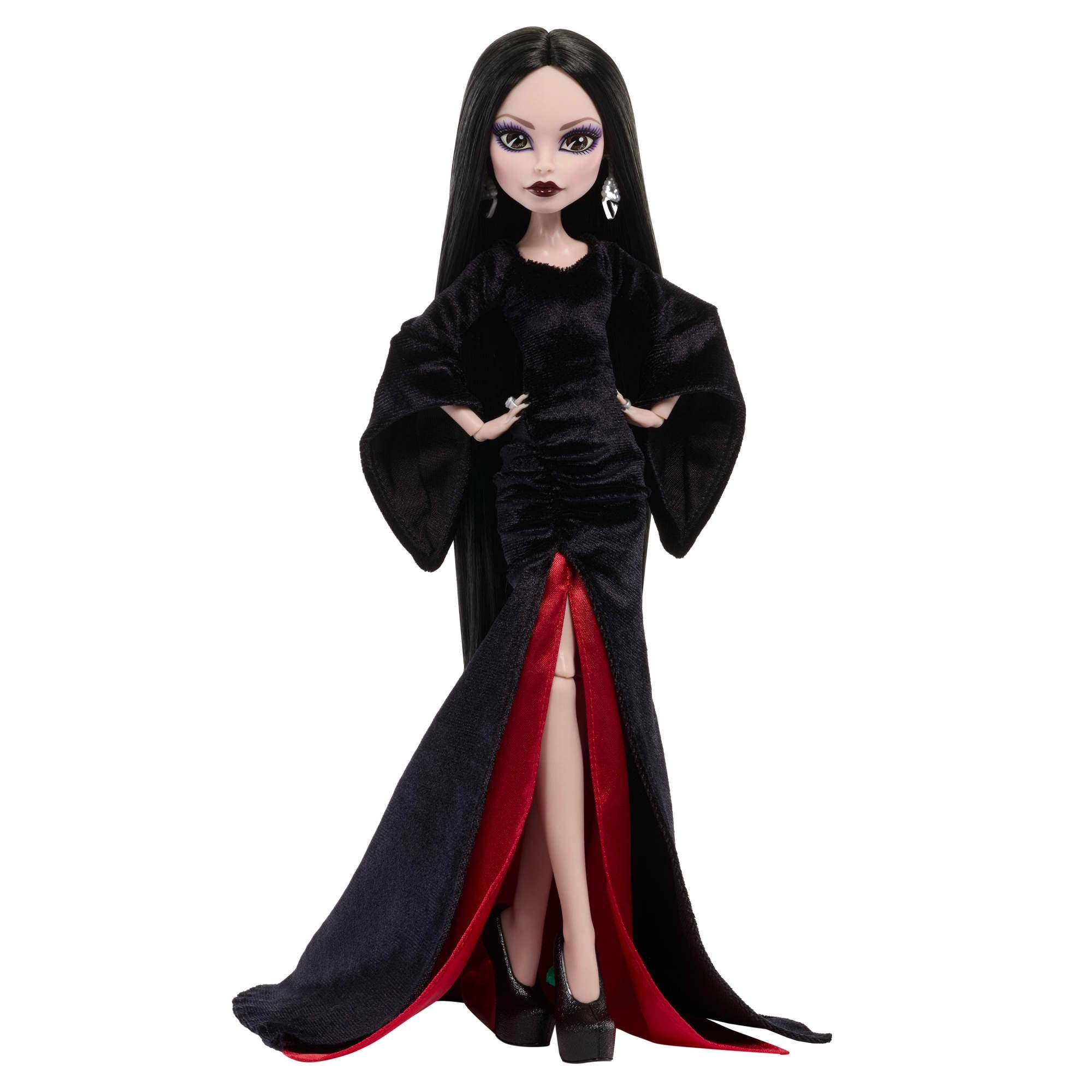 Monster High x Miércoles Muñeca Coleccionable de Morticia Addams con Vestido de Terciopelo Negro y carmesí con Joyas, Tacones inspirados en la Serie y Soporte para la muñeca, JLK99