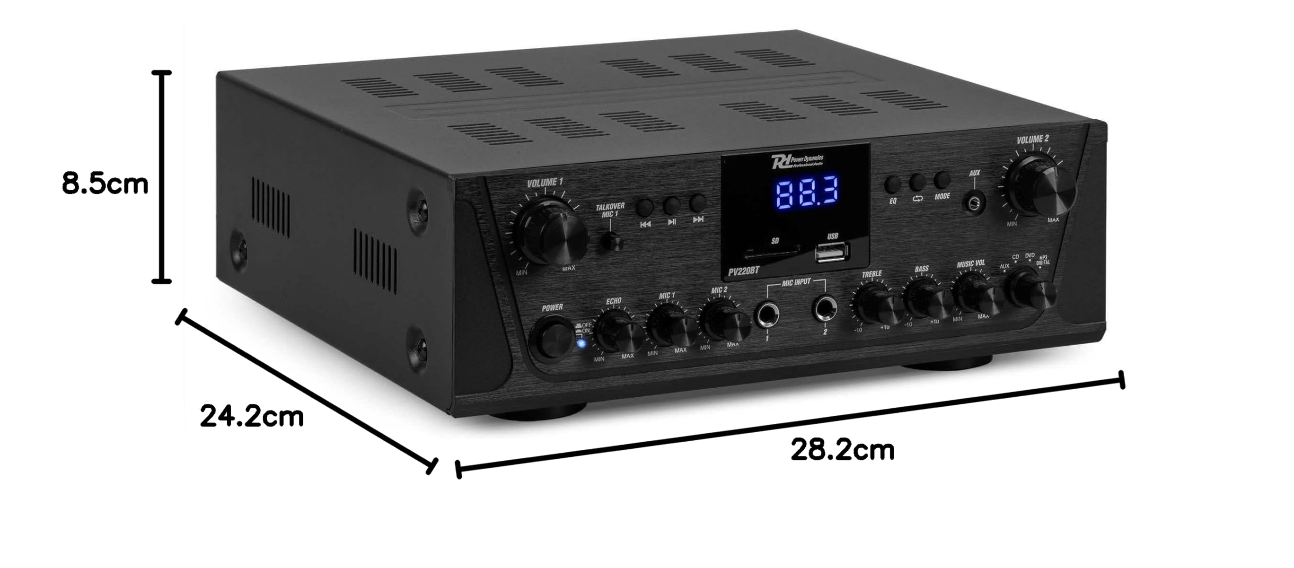 Power Dynamics - Sistema de Sonido Bluetooth, 2 Zonas, Amplificador 2x50W, 2 Altavoces Blancos, MP3, USB, FM, RCA, 3 Entradas de Línea y Micrófono, Apto para Exterior IPX5, Cable Incluido, Mando