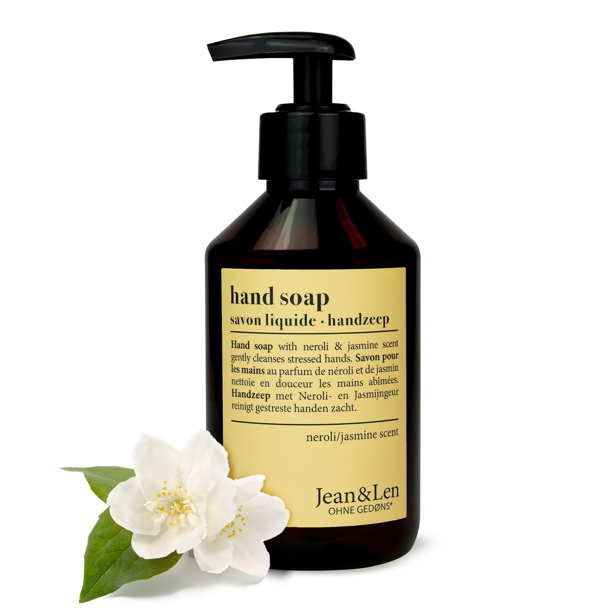 Jean & Len Jabón de manos Neroli y jazmín, limpia las manos con suavidad, jabón líquido en dosificador para manos limpias y cuidadas, aroma cautivador, sin parabenos ni siliconas, vegano, 250 ml