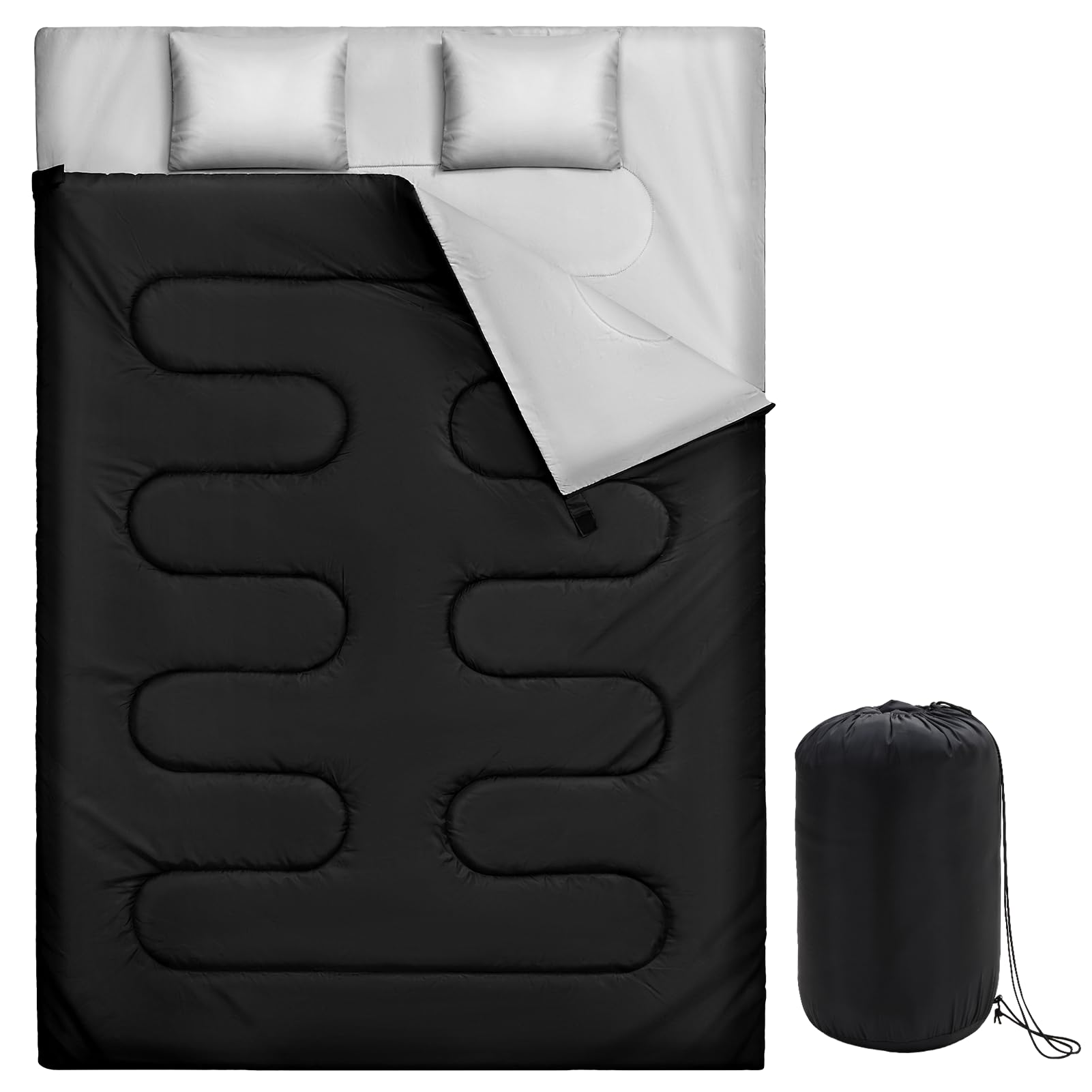 Warmiehomy Double Sleeping Bags for Adults with 2 Pillows, 3 Season King Size Sleeping Bag, 300 GSM Waterproof XL Sleeping Bag with Carrying Bag for Indoor & Outdoor Use, Warm Camping Quilt(Black)
