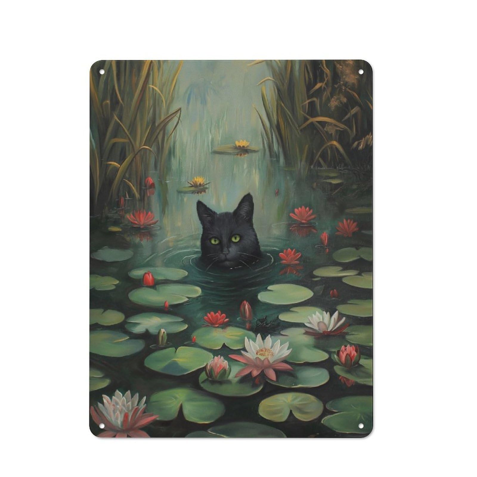 Junmoney Black Cat River Swimming Classic Metal Gift Sign 40X30cm, Small Space Decor For Home, Shop, Pub Or Studio Wall