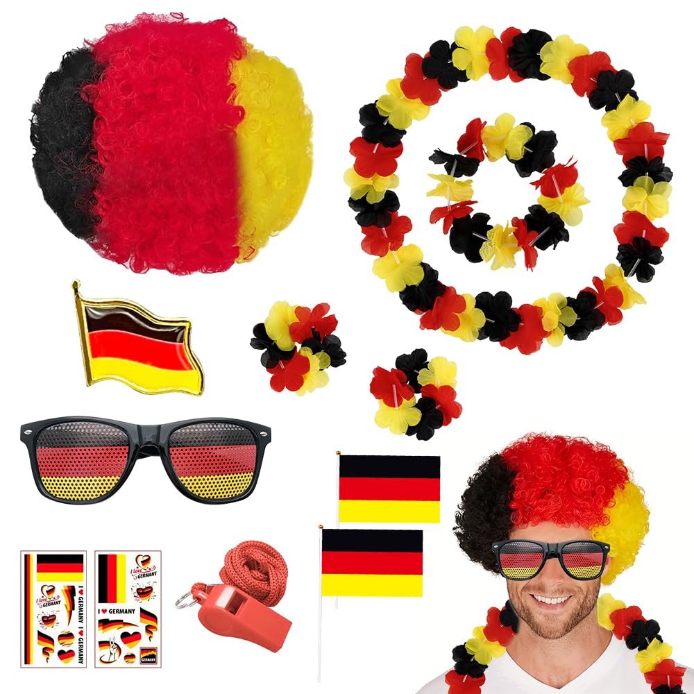 Deutschland Fanartikel Set für Fußball Wm 2026, 12 Teiliges Fanpaket EM Fußball mit Perücke Brille Girlanden Aufkleber Brosche Hand-Flaggen und Pfeife für Party Stadion Public Viewing