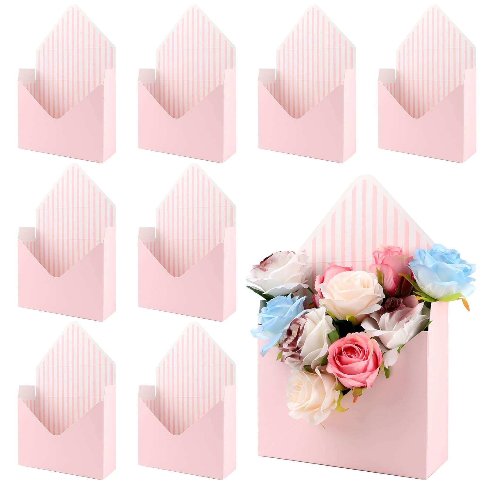 10 Pcs Flower Bouquet Packaging Box,Pink Striped Floral Envelope Boxes for Wedding,Birthday, Valentine's Day,Mother's Day & Graduation Gifts Florist Folding Paper Boxes for Party Supplies