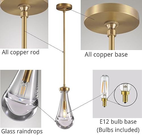 Miniatura 4 de Juego de 2 lámparas colgantes de latón, isla de cocina con cristal de gota de lluvia de arte hecho a mano, candelabro de cocina con bombilla LED