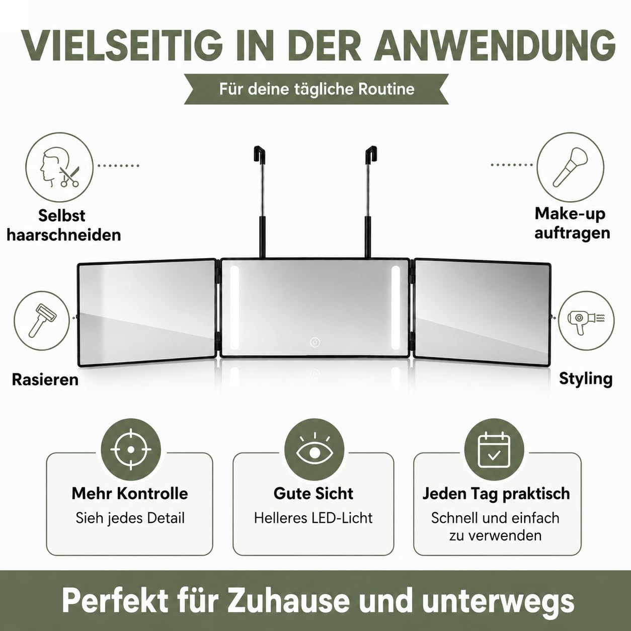 Self Cut LED Beleuchtet Haarspiegel 360° Drehbare Triptychon Design Hängend für Tür Selbst Schneiden Make-up Rasieren Kompakt Faltbar 100470
