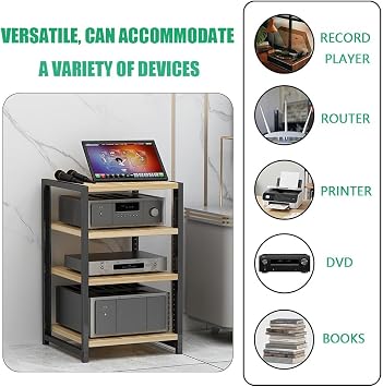 AV Media Stand Height Adjustable Stereo Rack, 3 4 5 6 Tier Wooden HiFi Rack, Media Storage Cabinet Stereo Racks And Stands, Tower CD Player Stand(Teak,4 Tier)