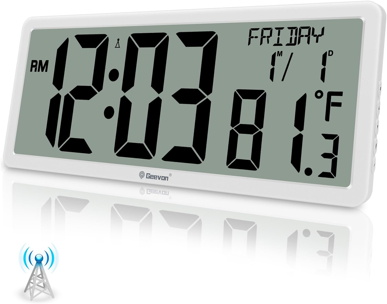 Geevon 14.3" Atomic Clock Battery Operated, Auto-Set Large Atomic Digital Wall Clock with Temperature, DST, Date, 4.4" Jumbo Digits for Home Office Elderly Living Room, Dining Room