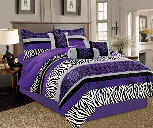 Grand Linen 5 Piece Oversize Purple Black White Zebra Leopard Micro Fur Comforter Set Twin Size Bedding - Teen, Girl, Youth, Tween, Children's Room, Master Bedroom, Guest Room