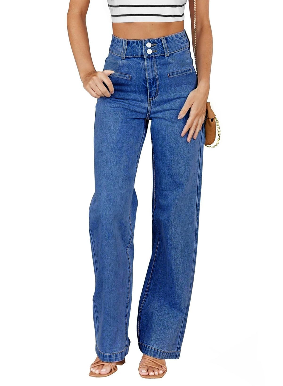 Sidefeel Jeans for Women High Waisted Straight Leg Denim Pants | Soft Stretchy Denim, Dual Button Closure, Full Length, Relaxed Fit Wide Leg Jeans with Pockets, Dressy Casual Wear