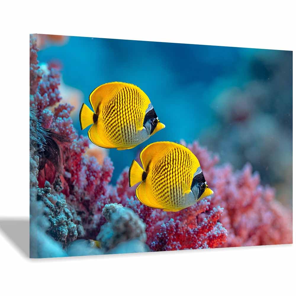 HUYEEI Blue marine animals Landscapes Paintings Fish Accompanying Reef Seascape Poster Nature Print for Livings Room Hang Bedroom Bathroom Decor(blue)-70x100cm Framed