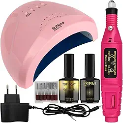 Kit Unhas de Gel Profissional Cabine Sun One 30 LEDs 48W Lixadeira Caneta Primer Top Coat Preparador de Unhas (Rosa)