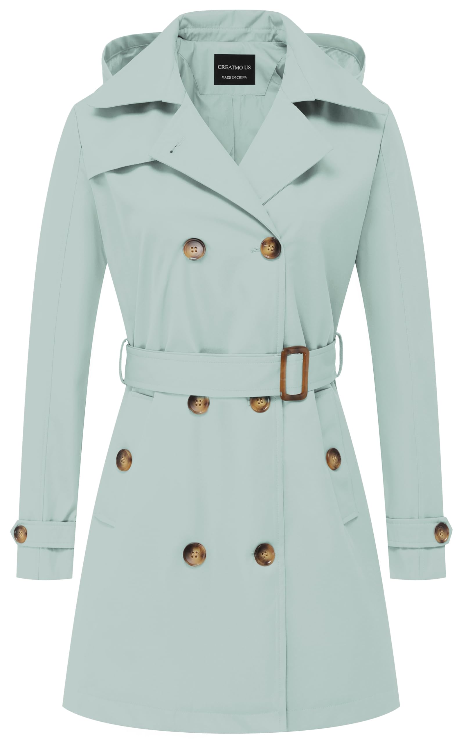 CREATMO US Women's Trench Coat Double-Breasted Classic Lapel Overcoat Belted Slim Outerwear Coat with Detachable Hood