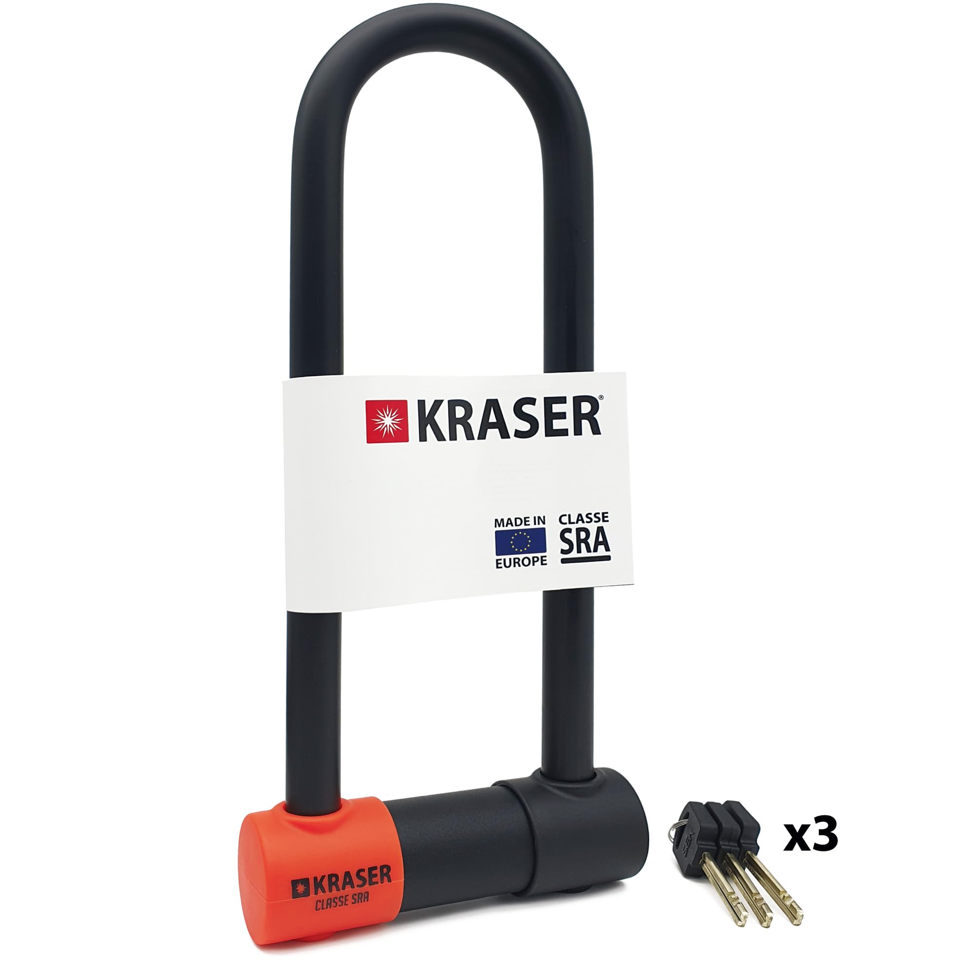 KRASER KR85L Robusto Candado Moto U Bloqueo, Homologado SRA, Alta Seguridad Testada, Arco 85x300mm ø18mm Doble Cierre, Cerradura Antiganzua, Antirrobo U Lock para Motocicleta, Scooter, Bici Eléctrica