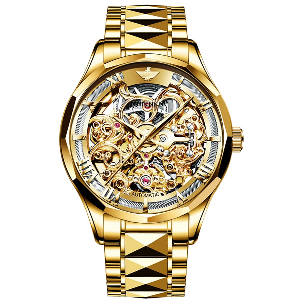 OLEVS Gold Skeleton Men's Automatic Mechanical Watches self Winding Luxury Dress Shiny Diamond Stainless Steel Waterproof Luminous Wrist Watches