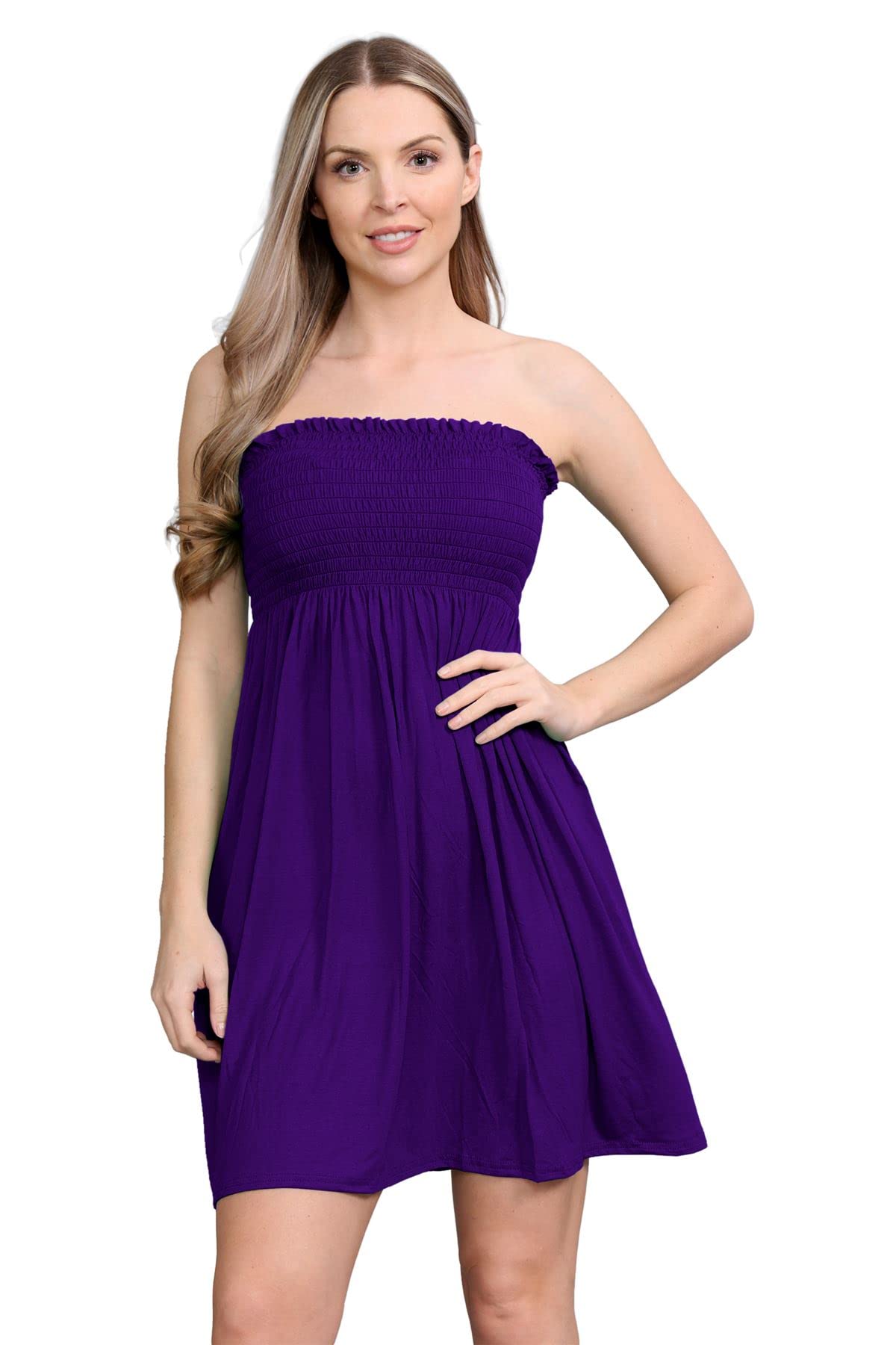 Janisramone Women's Purple Janisramone® Bandeau Dress, Boob Tube Sheering Ruched Flared Mini Dress, Plain Strapless Summer Dresses, Perfect Holiday & Beach Dresses For Uk
