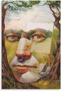 Optical Illusion Canvas Art Boy Sketching Tree - Framed Thatched Cottage...