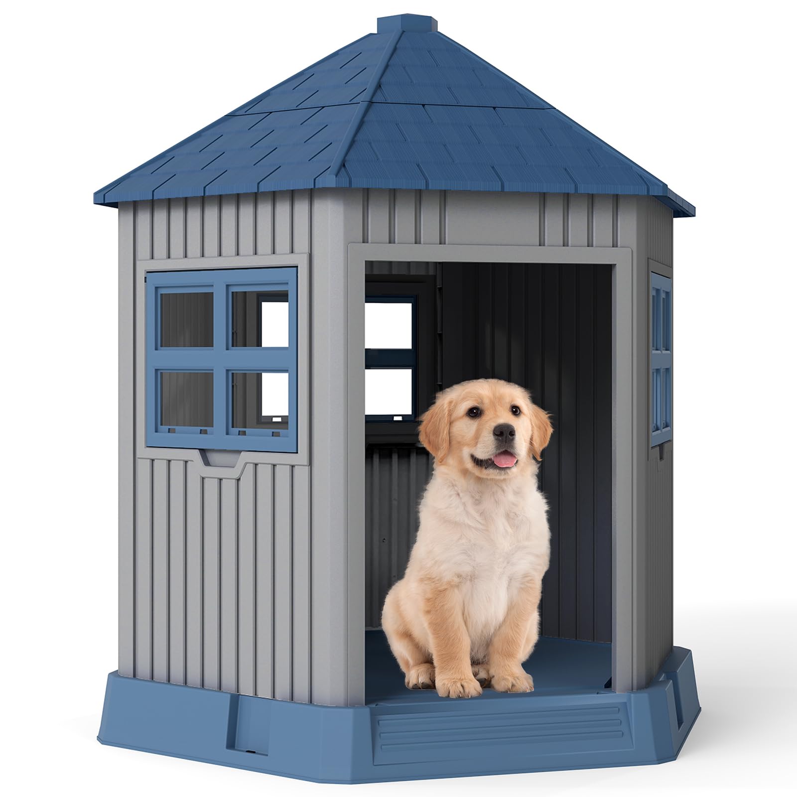 COSTWAY Caseta Perros Exterior de Plástico, 76x90x96 cm, Casa para Perros Grande con 2 Ventanas y Claraboya, Techo Inclinado, Entrada Amplia, Impermeable, Caseta para Perro en Forma de Granero