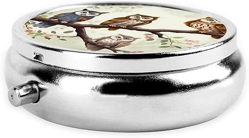 Miniatura 3 de Pastillero redondo con estampado de búhos en una rama, 3 compartimentos, pastillero portátil para medicina diaria, suplemento vitamínico