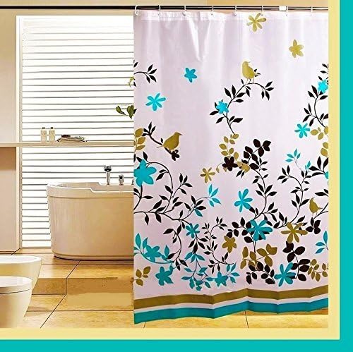 Black Fly Creations Bathroom Shower Curtain,Water Proof Peva Semi Gloss Plastic - 71 x 71 Floral Trees Birds in Light Turquoise Green, Gray, Brown & White. Comes with 12 Free White Hanger Hooks