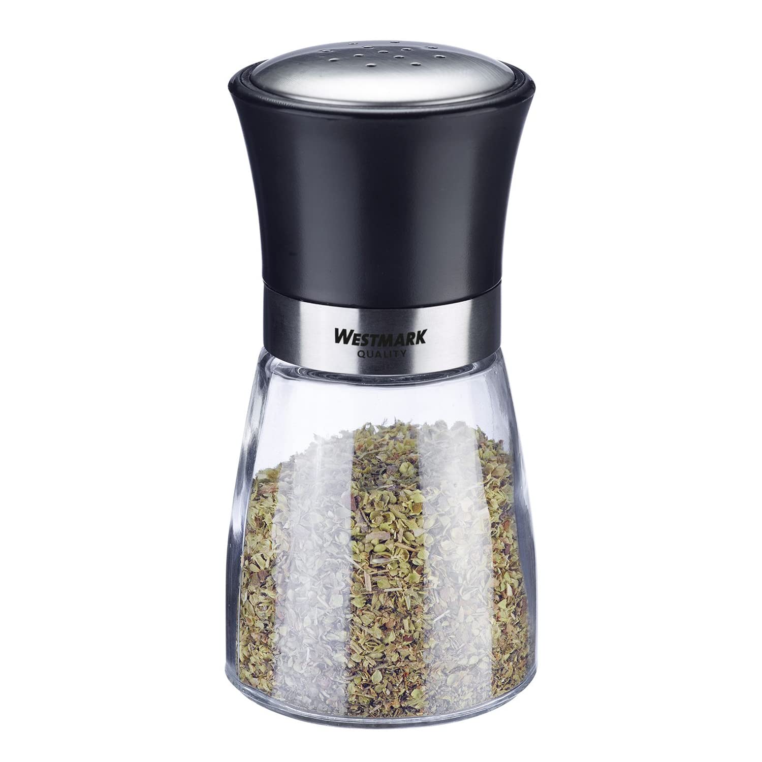 Westmark 63502260 Pot à épices avec couvercle aromatique, perforation fine, capacité : 190 ml, verre/acier inoxydable/plastique, Blacky, transparent/noir/argenté