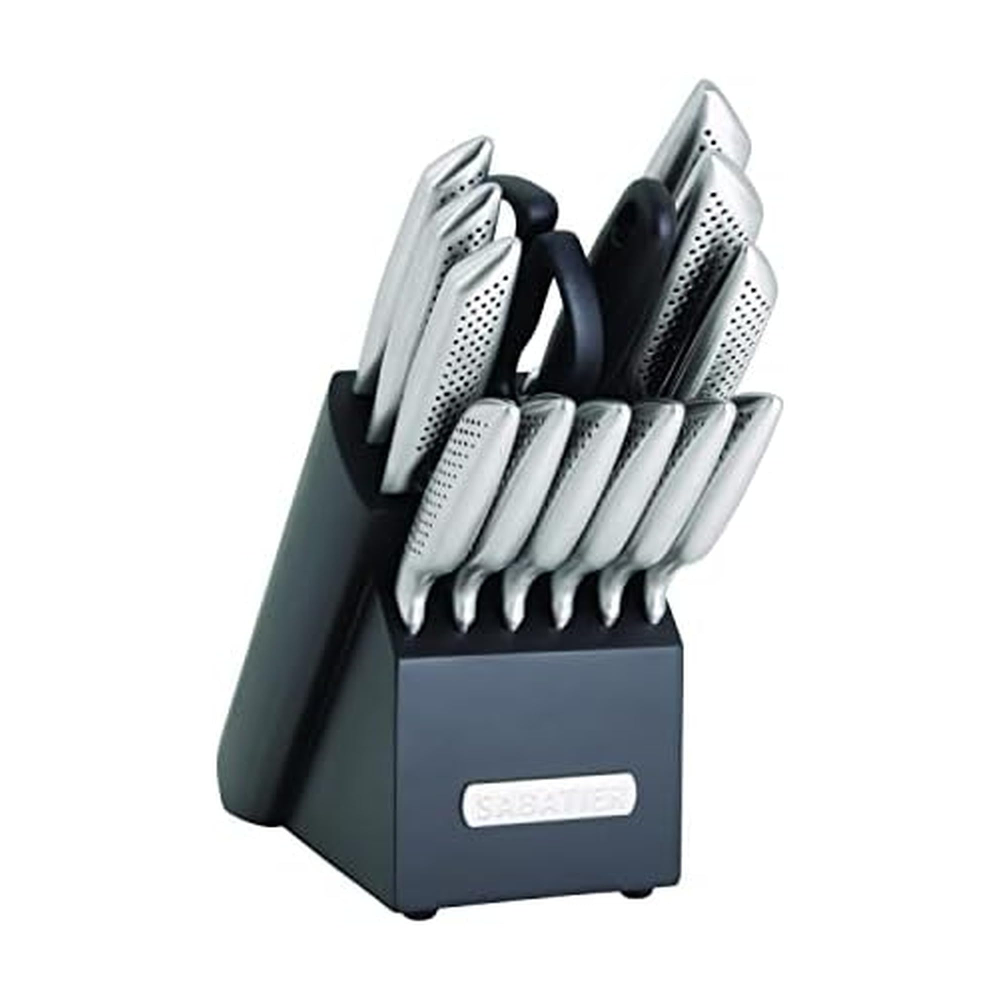 Stainless Steel Knife Block Set with Ergonomic Textured Handles, High-Carbon Stainless Steel Kitchen Knives, Razor-Sharp Knife set with Rubberwood Block, Stainless Steel Handle,15-Piece