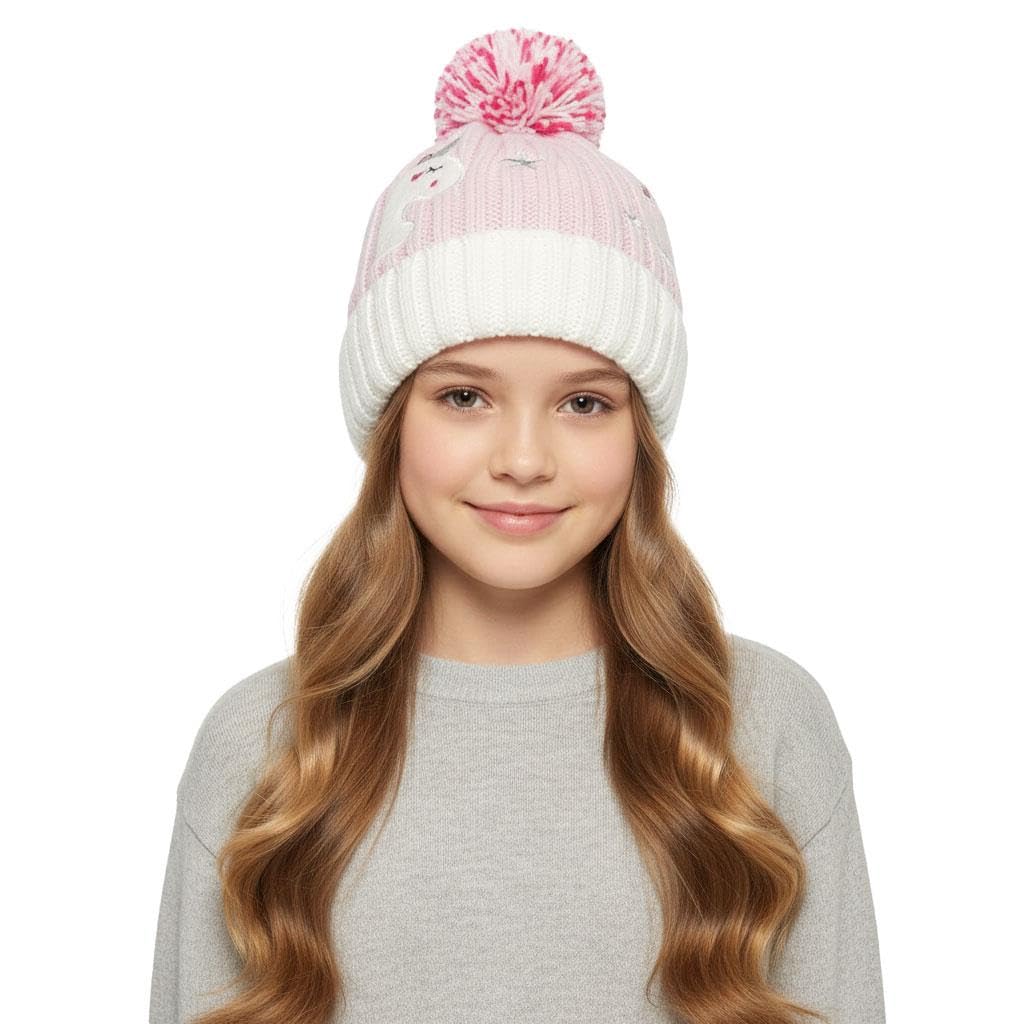 A2Z 4 Kids Niñas Sombrero Cable Tejido Pom Pom Sombrero Ribeteado Vuelto Beanie Invierno Caliente Forro de Fleece Acogedor Gorras Duradero Estiloso Cómodo Accesorios Invernales Sombreros