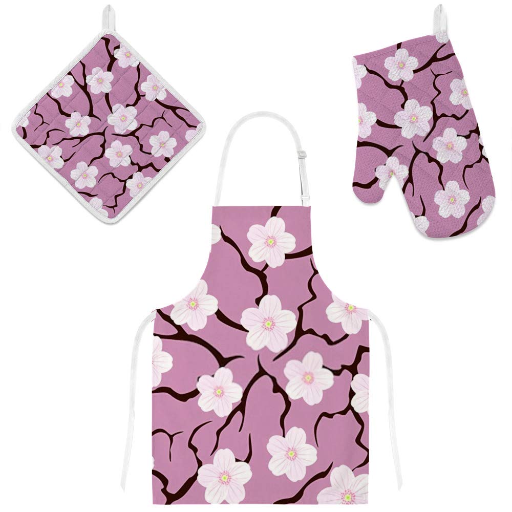 Maniques gants de cuisine et tablier fleur rose cerisier aux finitions soignées