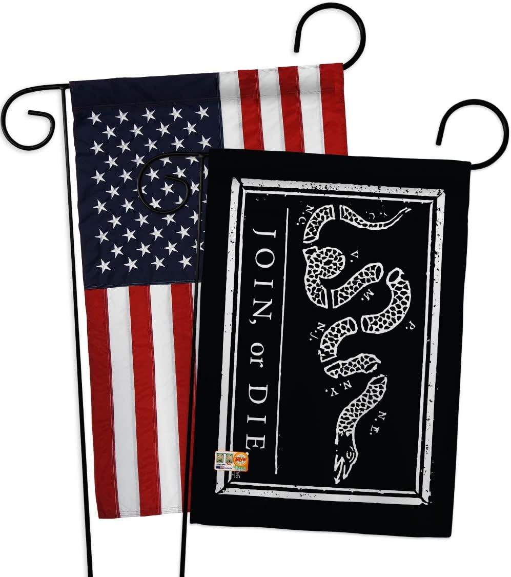 Black Join Or Die Garden Flags Pack Americana US Historic July Memorial Veteran Independence United State American USA Applique Small Decorative Gift Yard House Banner Double-Sided Made In 13 X 18.5