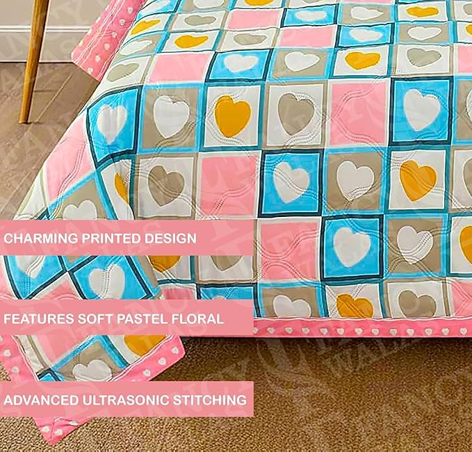 Image of Dohar Single OR Double Bed 100% Cotton Blankets for Summer 150GSM Ac Comforter and Cooling for Summer Classic Printed Design Quilt Ideal for Gifting (Heart Flower Design, Double Bed)