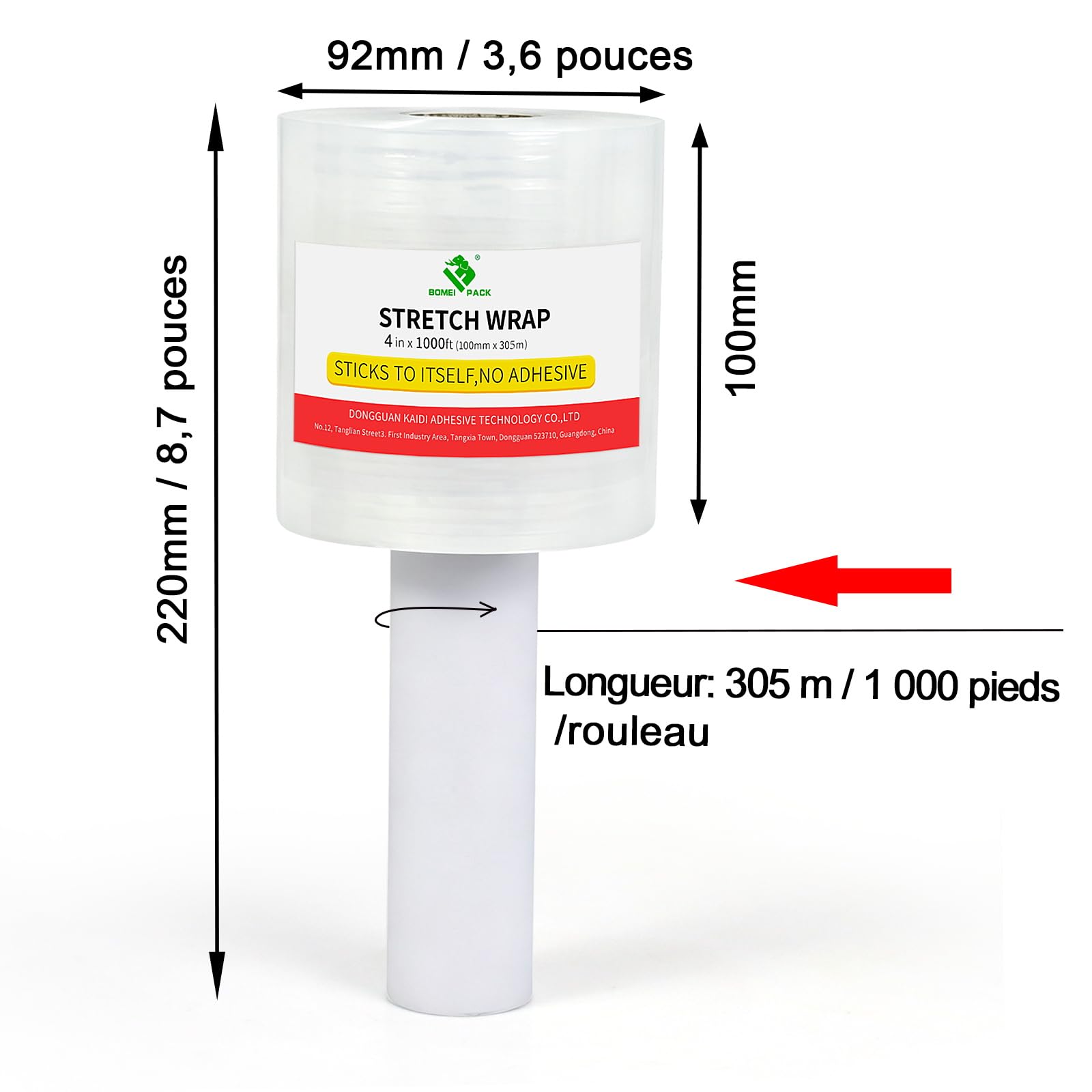 BOMEI PACK Pellicola estensibile in miniatura con maniglia, confezione da 4,10 x 305 m, pallet wrap trasparente autoadesivo, pellicola in plastica, retrattile per stoccaggio, imballaggio in movimento