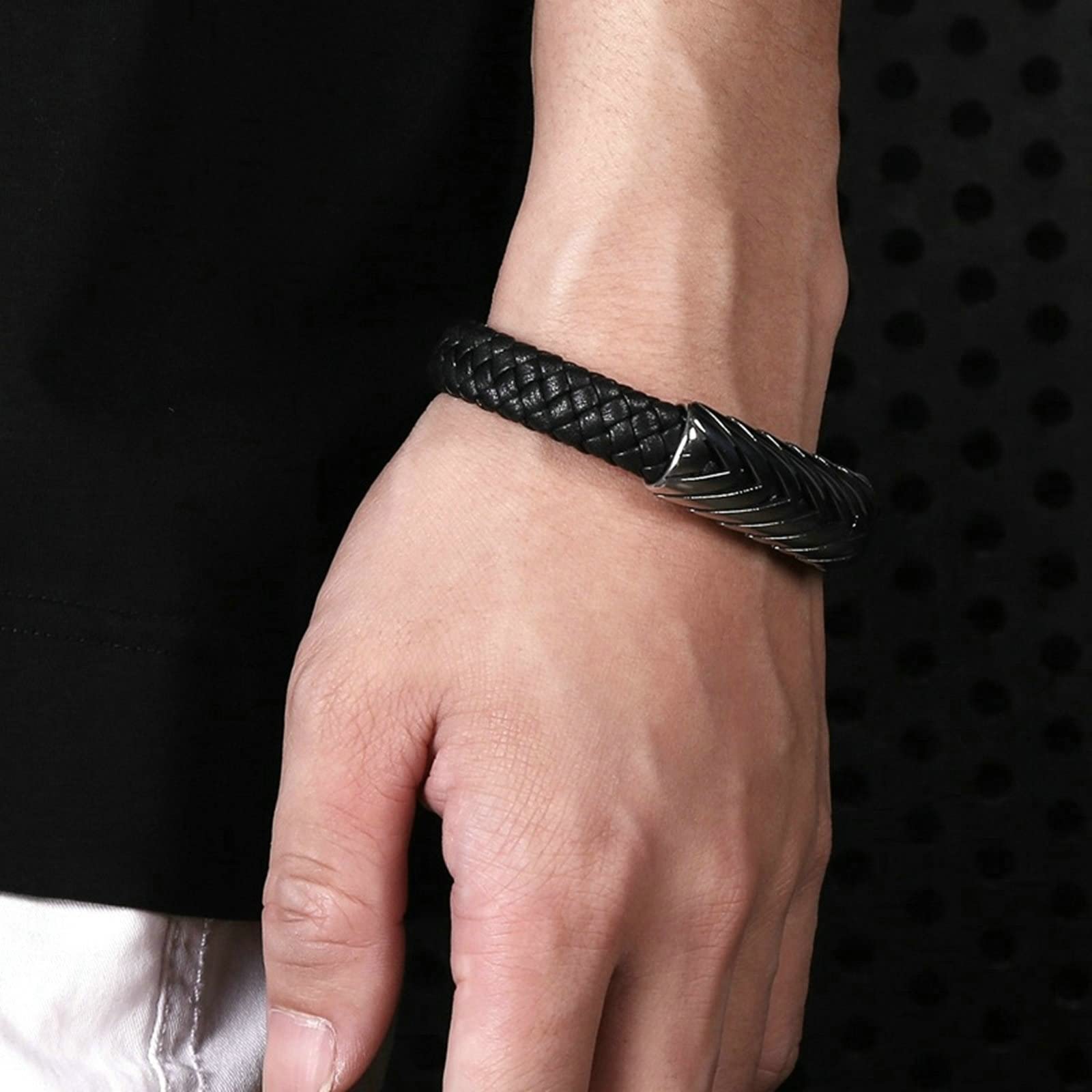 Pulsera para Hombre de Acero Inoxidable, Pulsera para Hombre, Pulsera de Cuero Trenzado con patrón de Flechas, 16,5 cm de Longitud, Pulsera Vintage, joyería