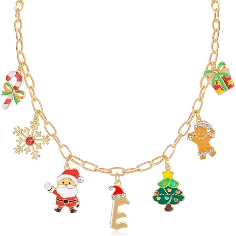 NEKOL Christmas Initial Letter Charm Necklace for Women, Candy Canes Snowflakes Santa Claus Christmas Tree Gingerbread Man Gift Box Colorful Holiday Charms Necklace for Personalized Christmas Gifts