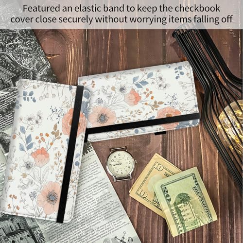 Image of FUYOCWE Leather Checkbook Cover for Men Women Checkbook Covers Personal Checks Card Register Holder Wallet W /RFID Blocking & Pen Holder-Elegant Flowers