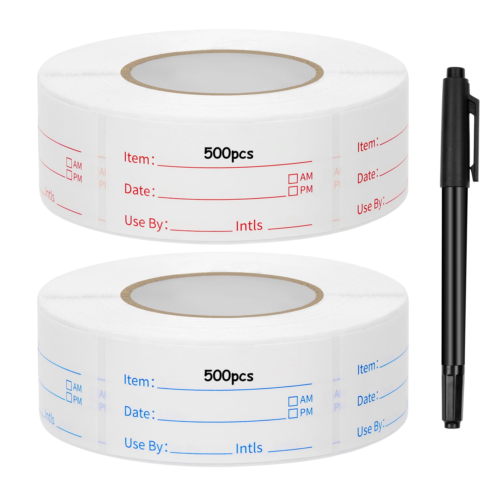 DiULi 2 Rolls 1000 Pieces Removable Food Labels, 5 x 2.5cm Freezer Stickers with Black Marker, Easy Peel Off Use By Date Labels for Food Storage, Meal Prep, Pantry and Containers, Red & Blue