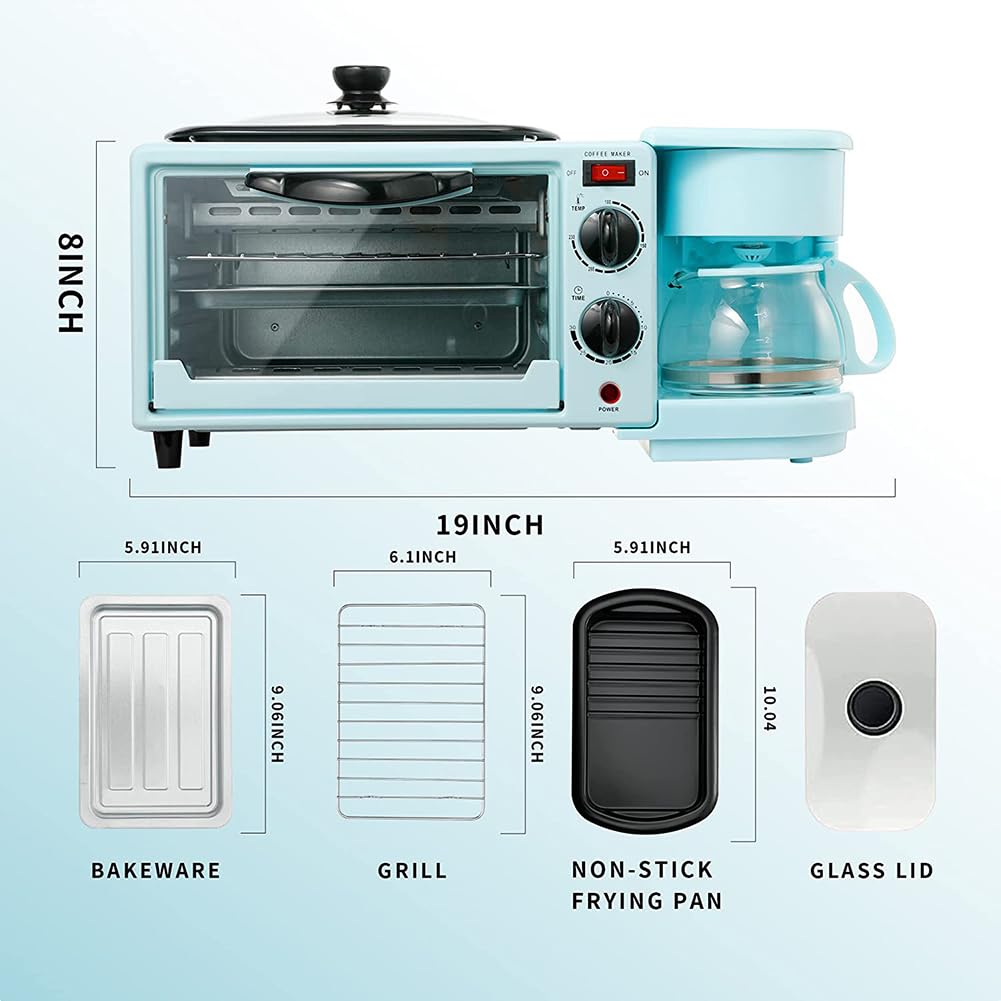 Machine à Petit-déjeuner multifonctionnelle 3 en 1 avec cafetière, Plaque antiadhésive et Four Grille-Pain à 4 tranches - Station de Petit-déjeuner complète