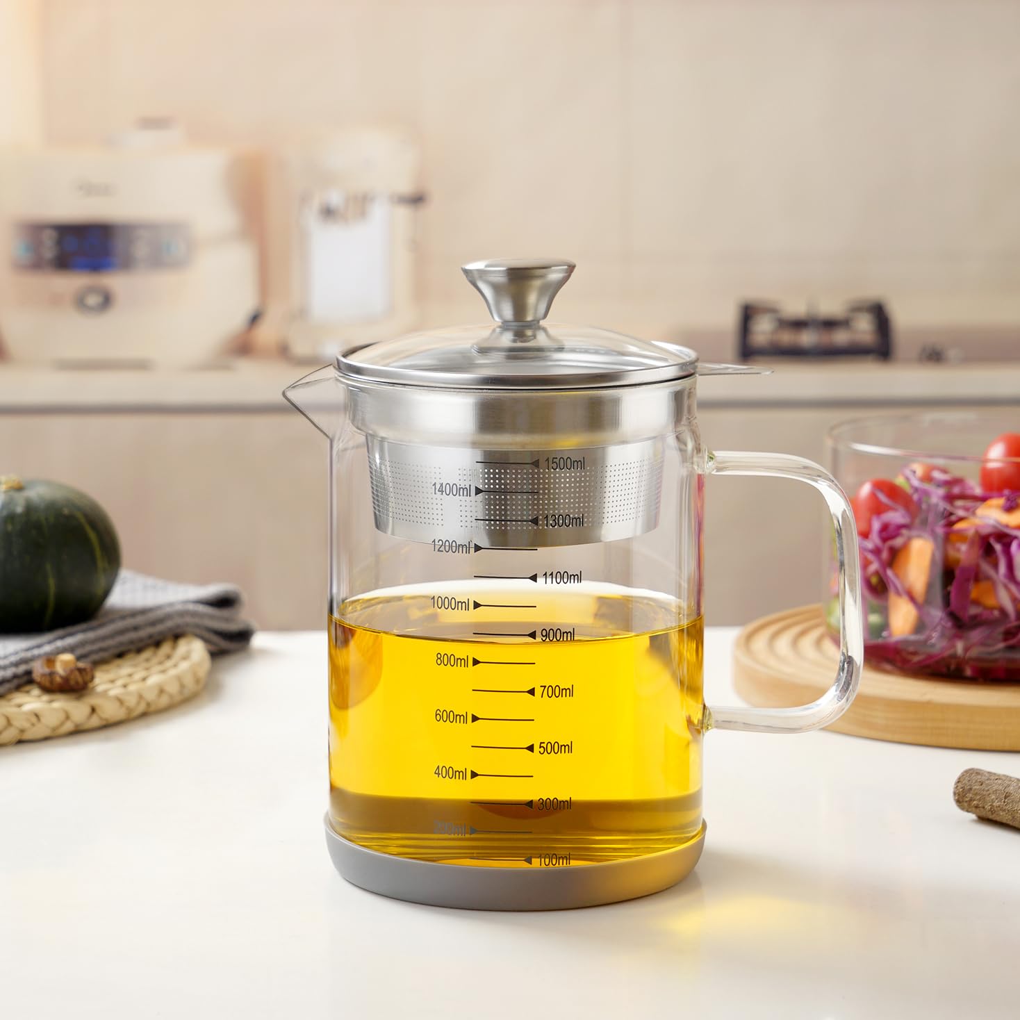 Botella de aceite de vidrio de 50 onzas, recipiente de grasa de tocino con colador, lata de almacenamiento de aceite de cocina con filtro de malla fina y escala, leche de nueces, leche de soja,