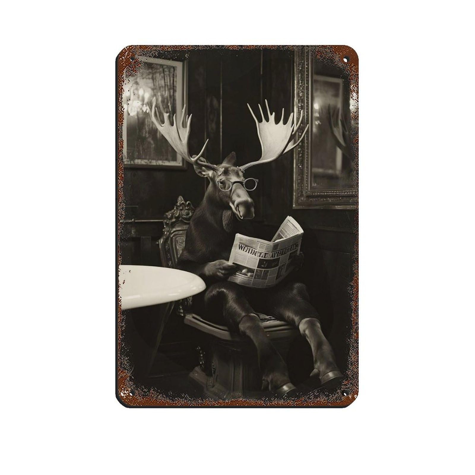 Lxwnze 20L X 30W Cm Moose Reading Black And White Bathroom Tin Sign Vintage Metal Pub Club Cafe Bar Home Wall Art Decoration Poster Retro 8X12inch(20X30cm)
