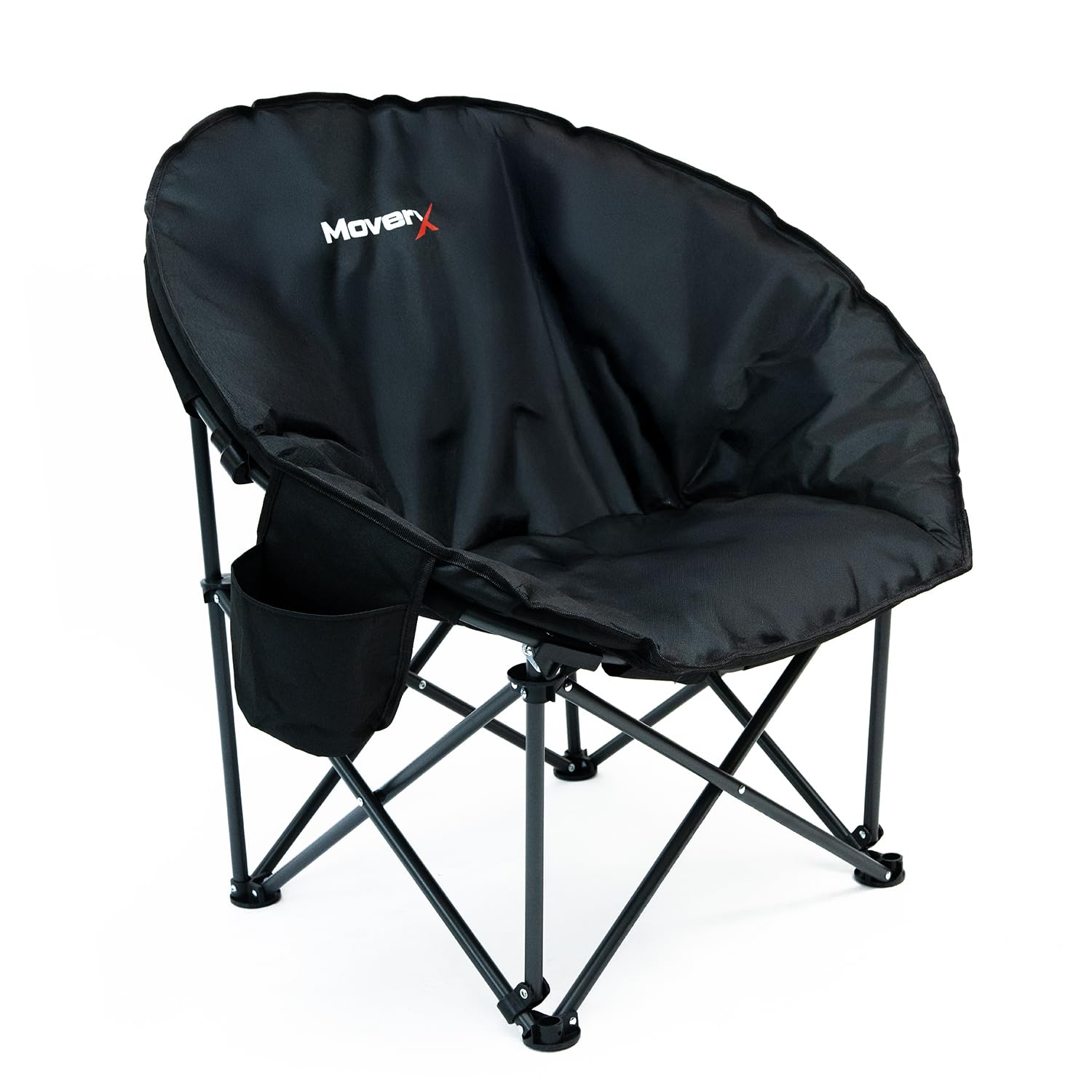 MoverX Lightweight Moon Camping Chair, Padded Armchair, Folding Chair for Adults, Foldable Garden Outdoor Picnic Festival Camp Chair, Comfy with Pocket, Steel Frame, Black