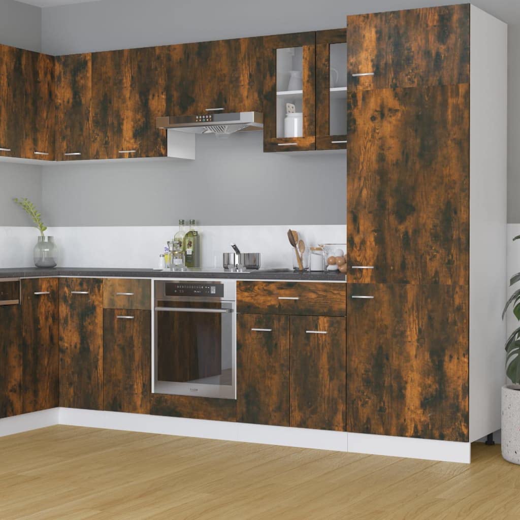 Armario colgante de madera en aspecto de roble negro, 60 x 57 x 207 cm, con puertas, moderno armario de cocina con espacio para utensilios de cocina y almacenamiento