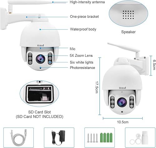 Miniatura 7 de JideTech Cámara WiFi PTZ de 5MP al aire libre, Cámara domo IP con zoom óptico 5X, Cámara de seguridad de seguimiento automático, Visión nocturna IR