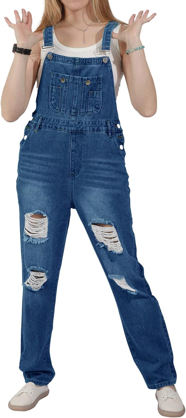 utcoco Women's Fashion Jean Bib Overalls Adjustable Straps Ripped Distressed Denim Denim Pants - Image 3